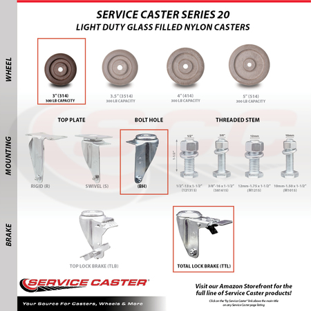Service Caster 3 Inch SS High Temp Glass Filled Nylon Bolt Hole Caster with Total Lock Brake SCC-SSBHTTL20S314-GFNSHT